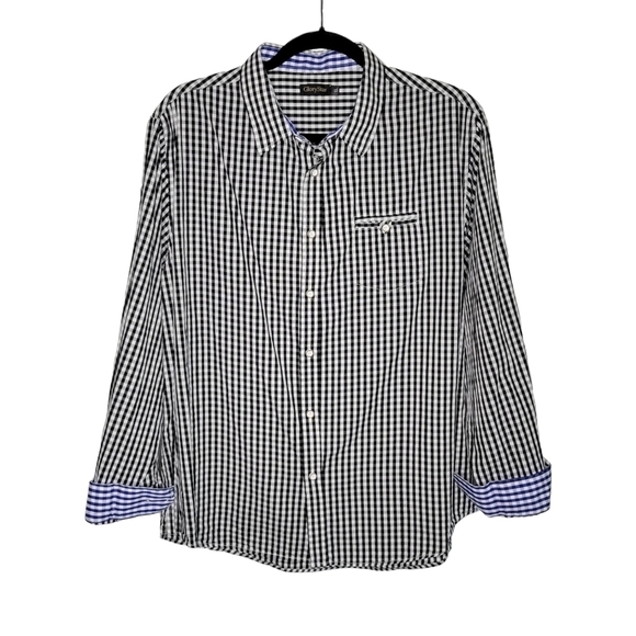 GloryStar Black & White Gingham Plaid Contrast Flip Cuff Button-Up Shirt Mens XL - Picture 1 of 8